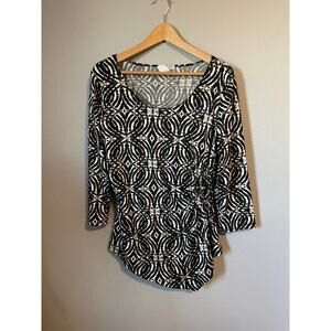 Vintage Womens Top Size Large Black Abstract Print Ruched Stretch Rave 90s Y2K